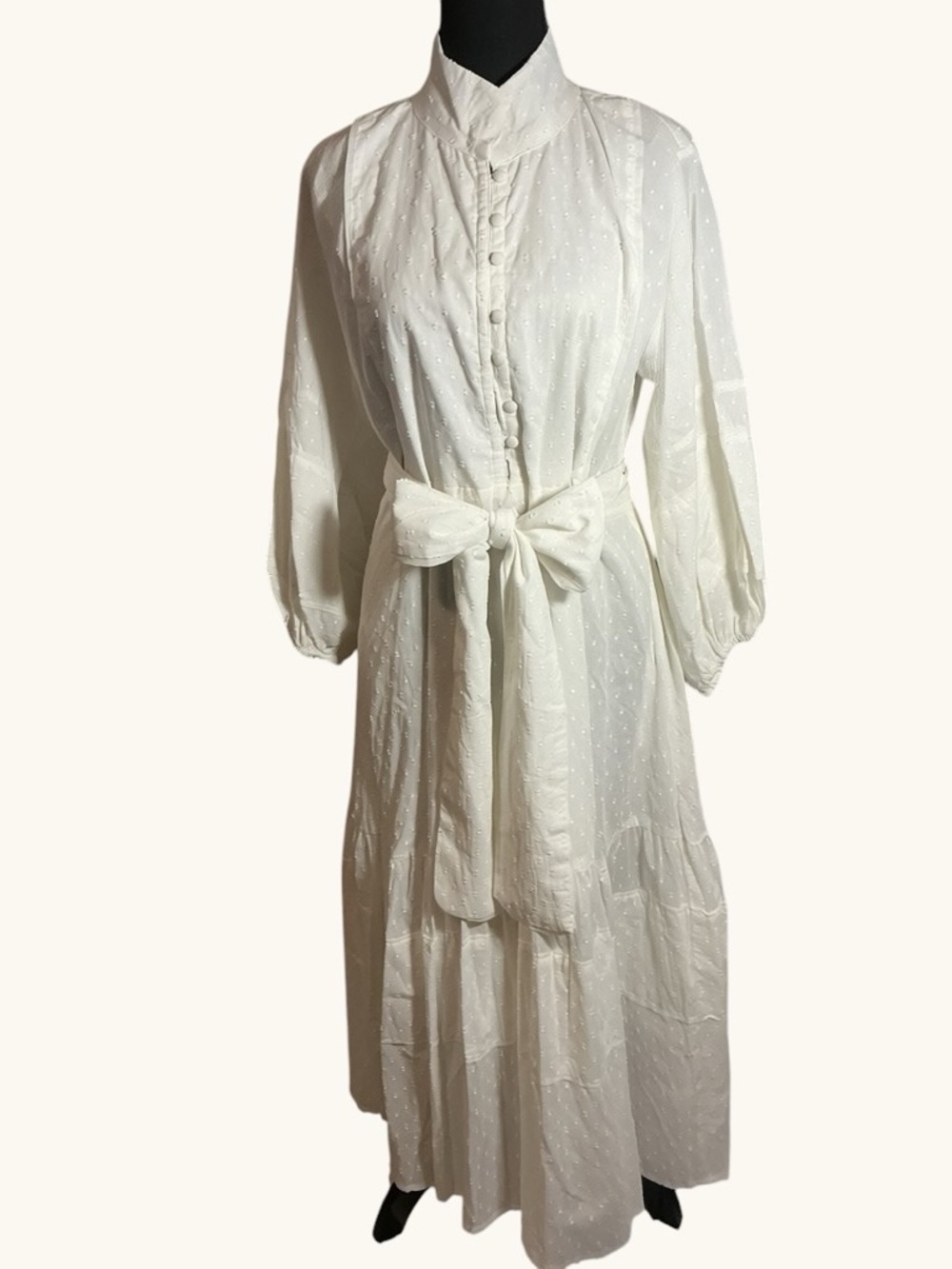 Sue Sartor White Swiss Dot Dress Tie Waist Button Front Prairie Cottagecore